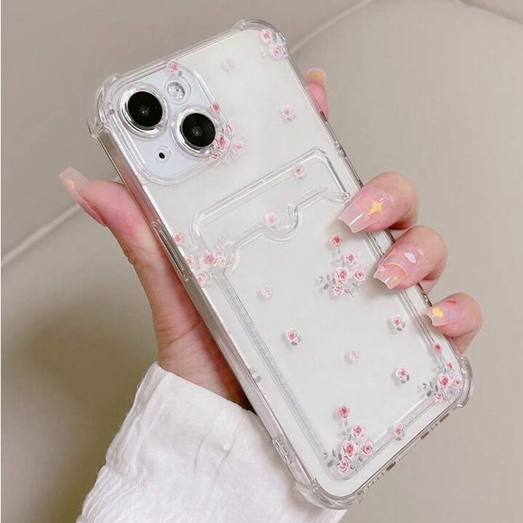 iPhone 13 Pro Transparent Flower Printed Phone Case with Card Slot - Picture 2 of 4